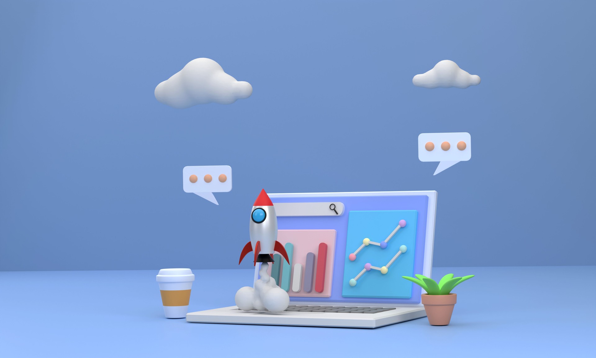ordinateur portable montrant un graphique d’entreprise Une fusée s’est élevée dans le ciel. Concept de start-up, nouvelle génération, nouvelle entreprise