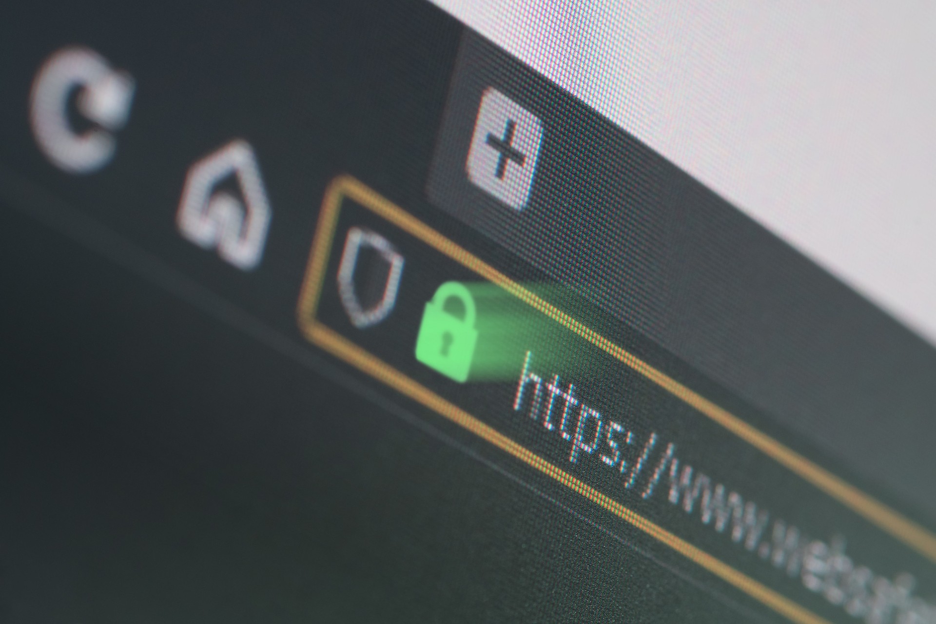 Plan rapproché sombre de navigateur web sur l’écran LCD avec l’accent peu profond sur le cadenas https